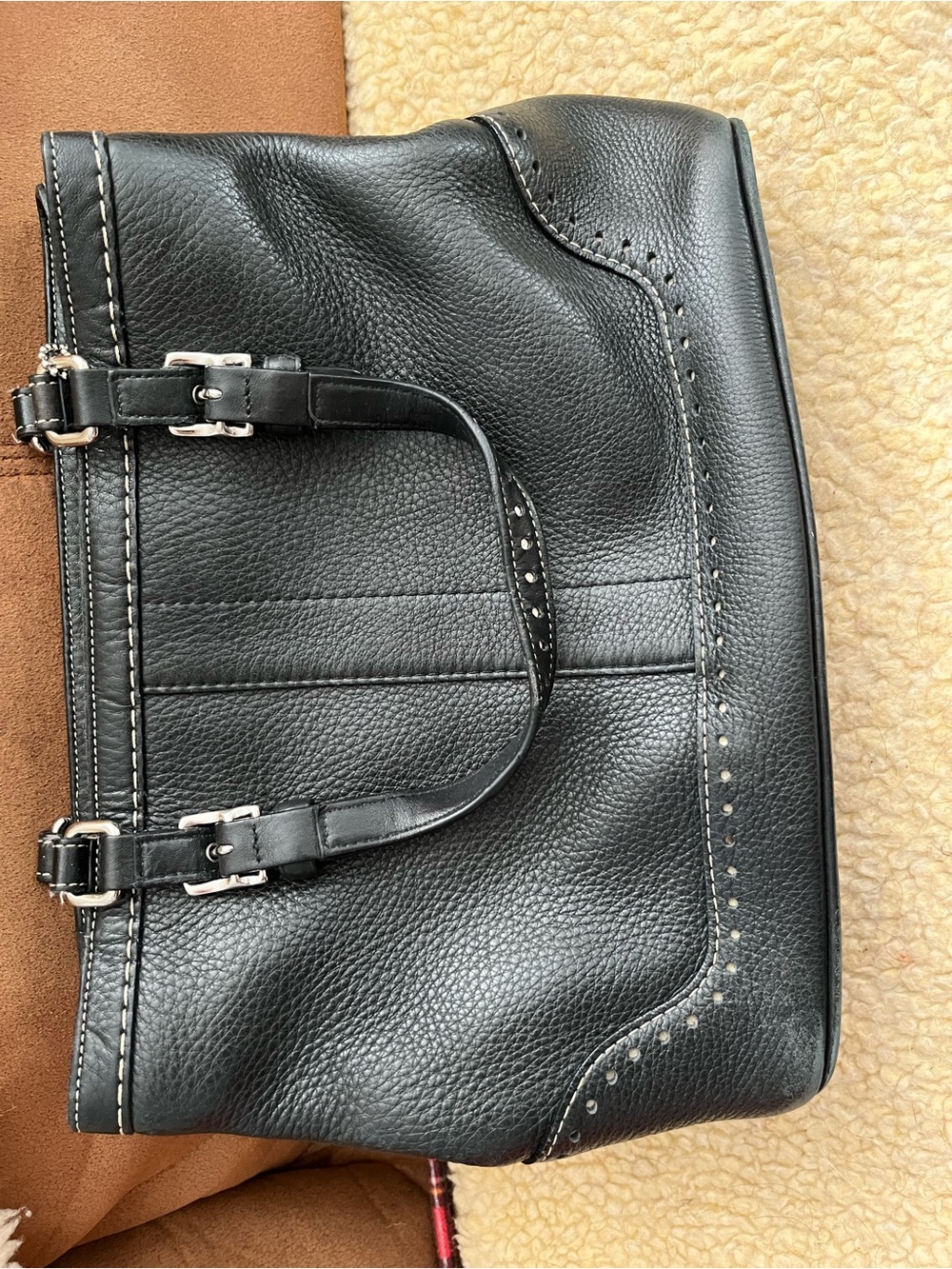 Coach Black Leather Shoulder Bag with Silver Buckles